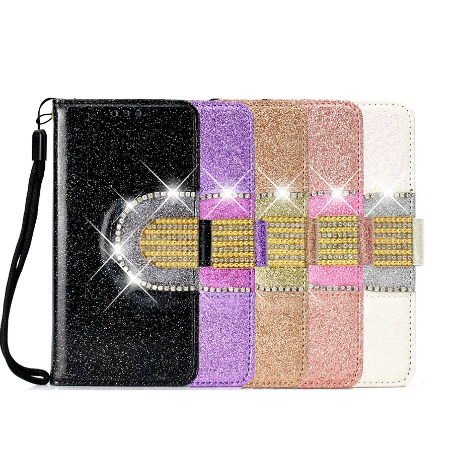 Glitter Rhinestone Läderfodral med Mirriple Flip Bling Card Walle Stand Cover Coque för iPhone 11 Pro Max XR X XS max 6 7 8 Plus