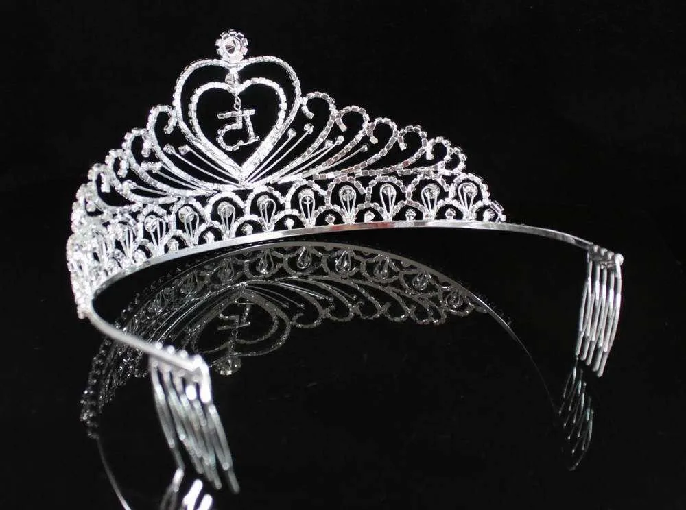 Janefashions Quinceanera Sweet 15 Fifteen 15th Birthday Party coronas de quinceañeras Clear White Austrian Rhinestone Tiara Crown with Hair Combs Princess Silver (3)