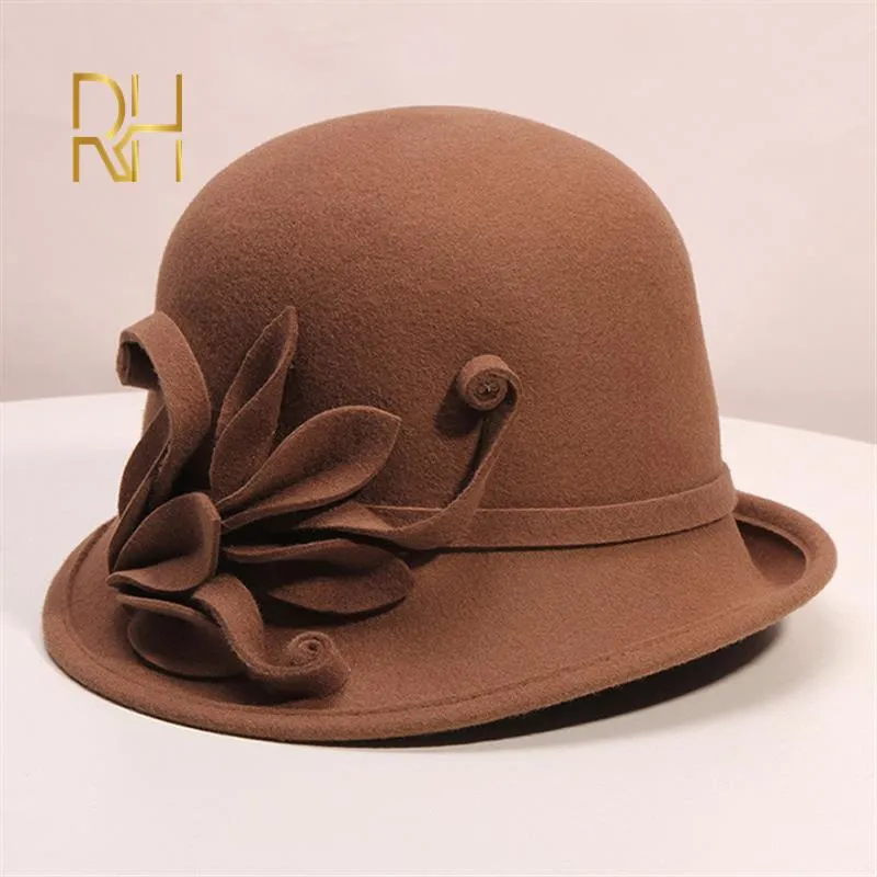 Chapeaux en feutre pour femmes, chapeau Fedora formel de fête d'automne et d'hiver, mode anglaise, Cloche à fleurs, casquette en laine irrégulière RH197Q