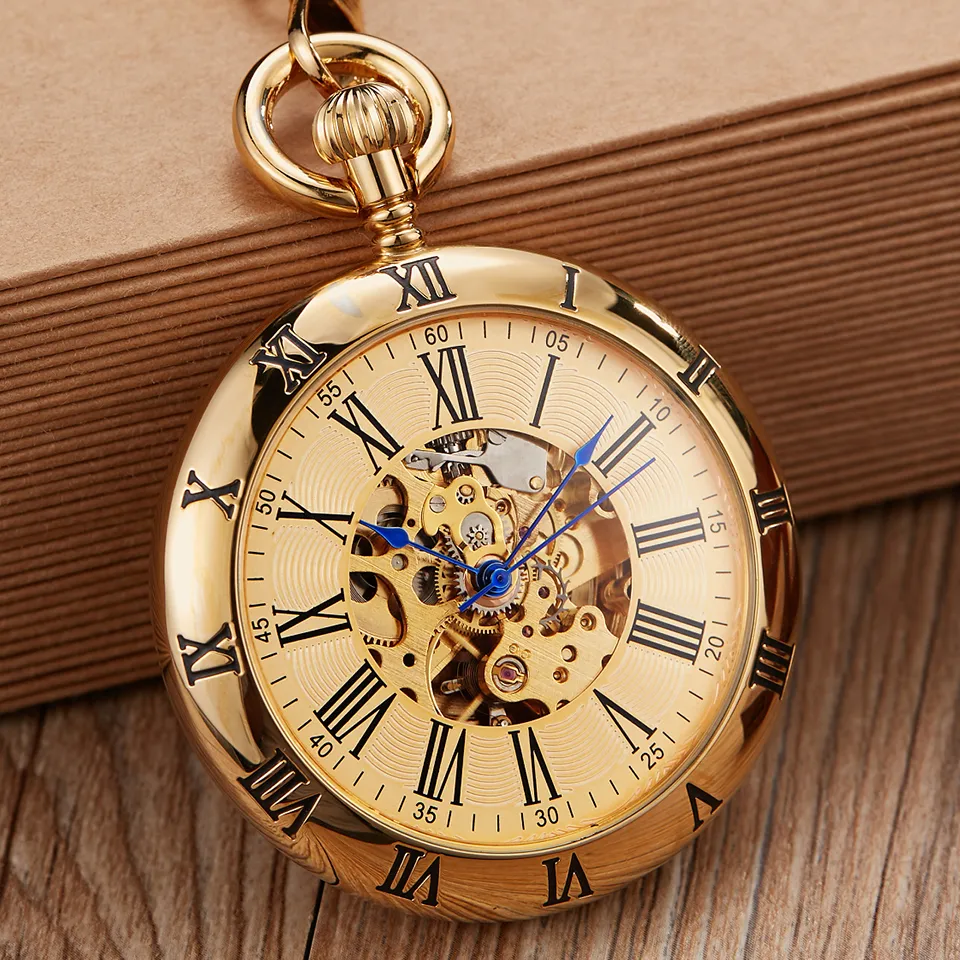 Retro Silver Gold Automatic Mecking Pocket Watch Men Femmes Luxury Copper Montres Squelette Steampunk Fob Watch Chain Pendants CX249D