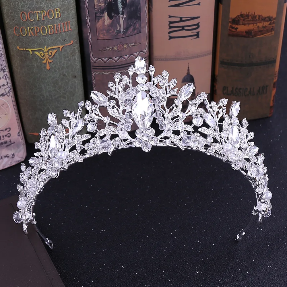 Kmvexo luxury Rhinestone Beads Heart Bridal Tiara Crown Crystal Diadem Veil Tiaras Wedding Hair AccessoriesヘッドピースY200807318S