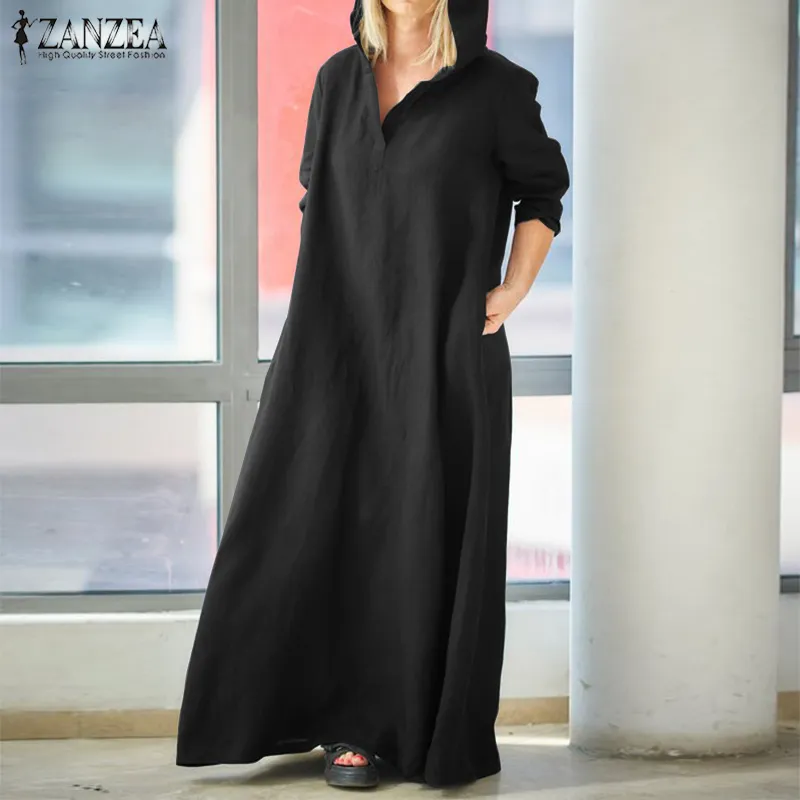 ZANZEA Women Sundress Plus Size Hooded Maxi Dress Vintage Cotton Linen Dress Female Casual Vestidos Long Sleeve Robe 5XL 200928