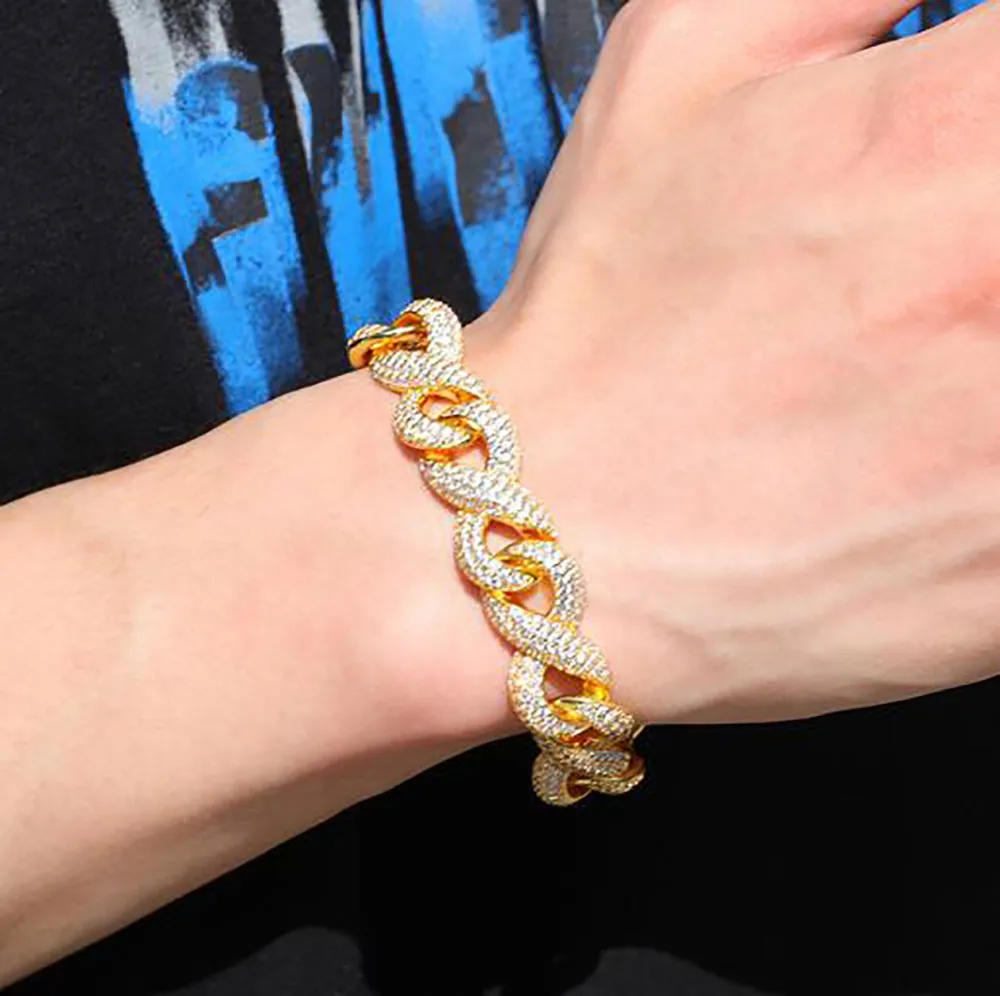 Gold 15 mm Infinity-Gliederkette Iced Halskette Armband Pavé-Kubikzirkonia-Schmuck Kubanisches Halsband 16 Zoll-24 Zoll 219H