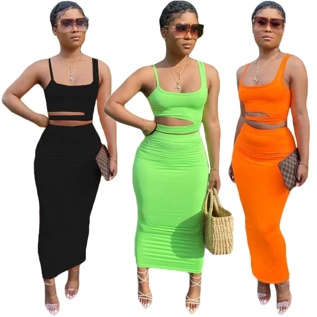 Women Dress Sexy CutOut Skirt Designer Solid Color Sets Club Sleeveless Shorts Tight Fashion Dresses Casual Suits