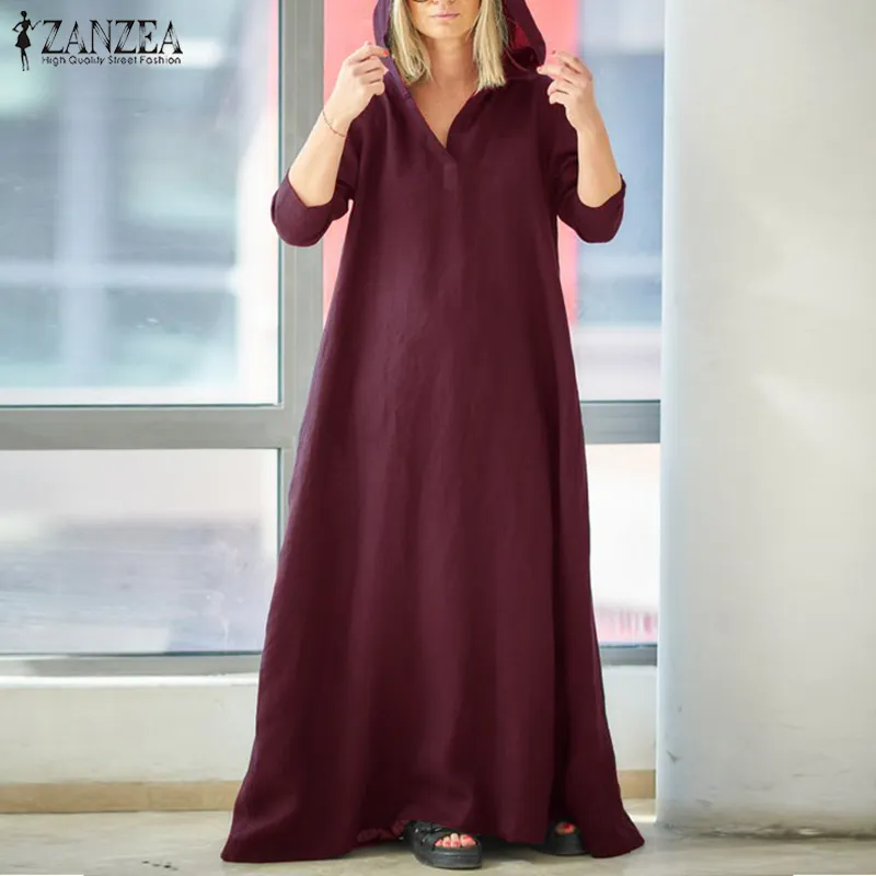 Zanzea Mulheres Sundress Plus Size Hooded Maxi Vestido Vintage Vestido de Linho de Algodão Feminino Casual Vestidos Manga Longa Robe 5xl 200928