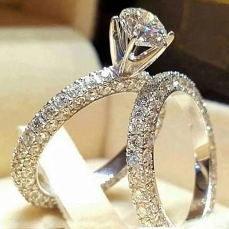 Wedding Rings Bridal Set Elegant For Women Shiny Cubiz Zircon Female Ring White Gold Color Engagement Fashion Jewelry1229v