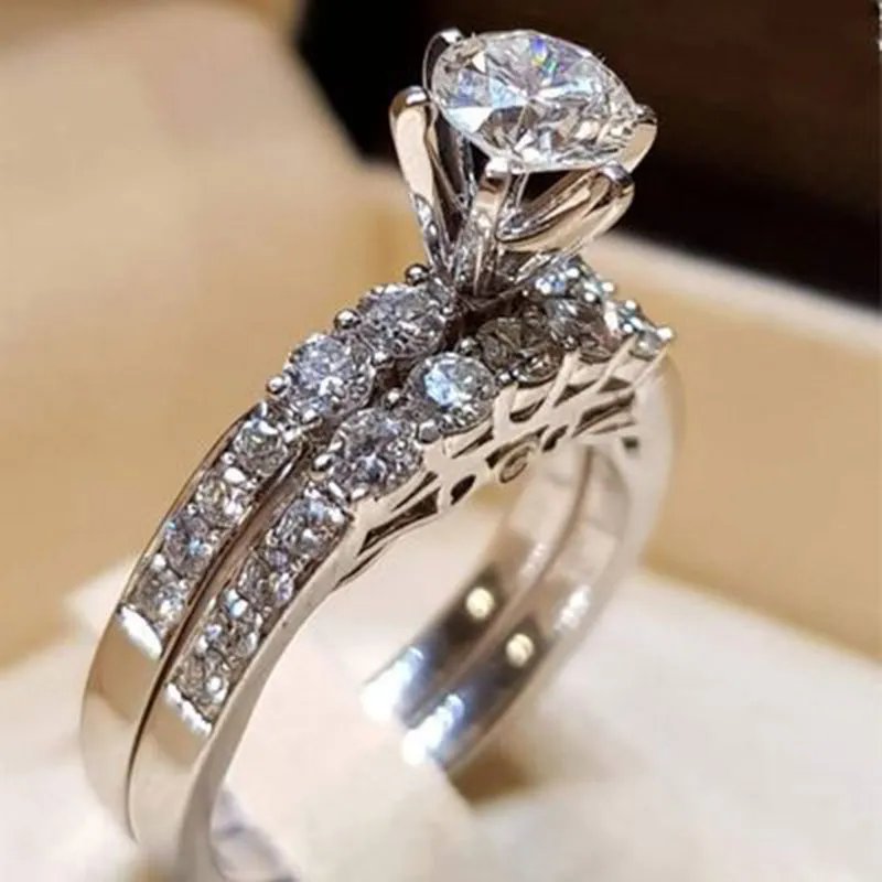 Wedding Rings Bridal Set Elegant voor vrouwen glanzende Cubiz zirkon vrouwelijke ring wit goud kleurbetrokkenheid mode sieraden1272i