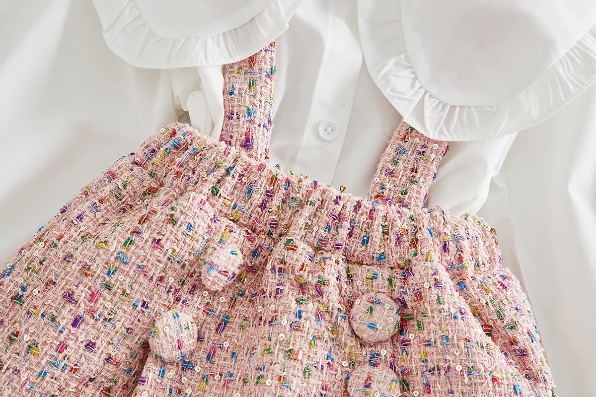 Moda dziewczęta Ubrania Ubrania białej bluzki i różowa ogólna spódnica maluch dziewczyna 039s jesienne stroje słodkie dla dzieci odzież 1311051
