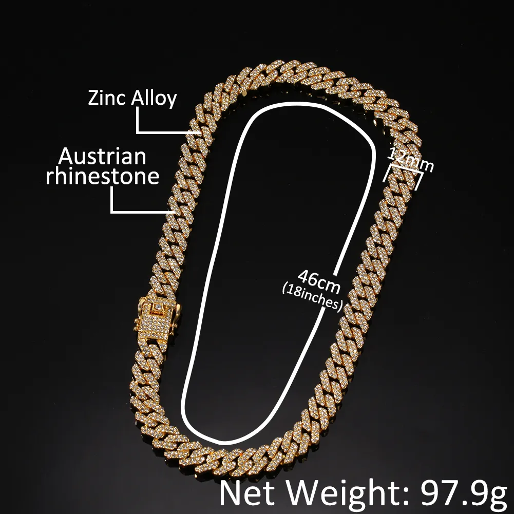 Neue Farbe 12mm 2 Linien Cuban Link Chains Halskette Mode HipHop Schmuck Strass aus Halsketten für Männer T200824255e vereisert
