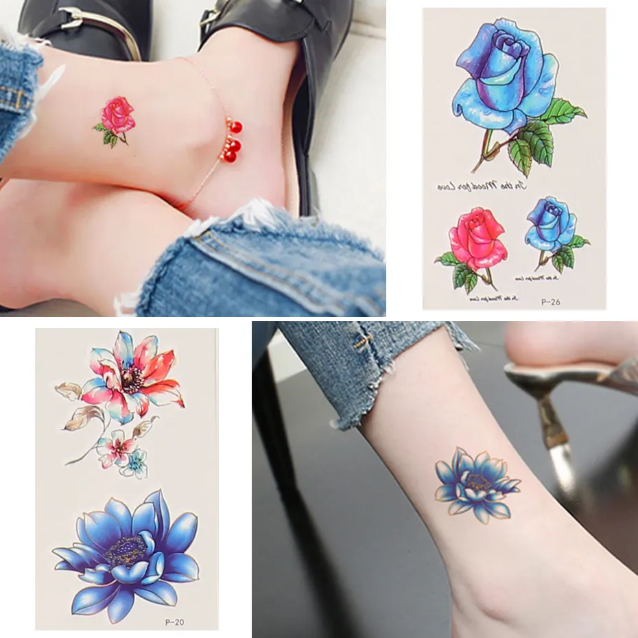 lot rose fleur de transfert d'eau de transfert de tatouage autocollants papillon des femmes arc de corps faux art de manche décorations temporaires 1325072