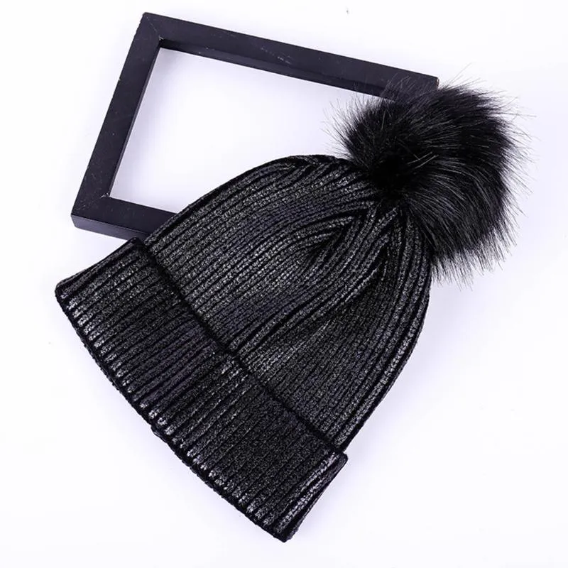 Metallic Shiny Soft Hair Ball Women Hats Crochet Windproof Girl Pompom Solid Autumn Winter Cute Cap Warm Knitted Beanie1693