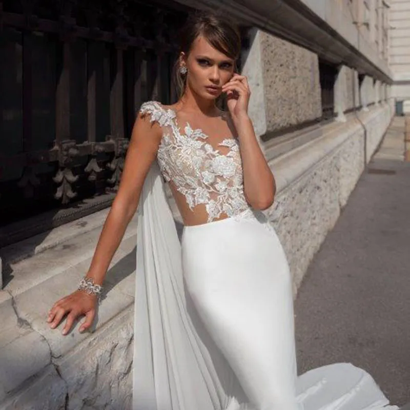 Mermaid Wedding Dresses with Wrap One Shoulder Illusion Lace Top Beach Wedding Gowns Bohemian Bride Dress