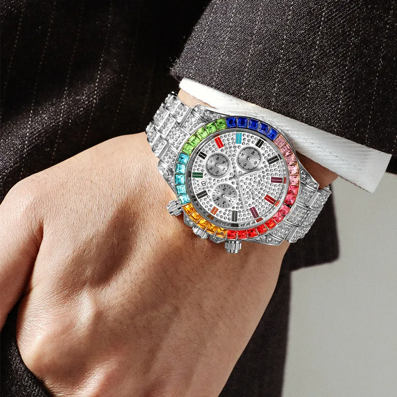 Nieuw in Fashion luxe designer kleurrijke diamanten kalender datum quartz batterij horloges voor mannen vrouwen multifunctional272m