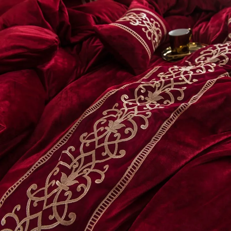 Luksusowy czerwony fiolet zielony szary niebieski różowy zimowy polarowy tkaninę koronkową pościel haftowy zestaw flanelowy kołdrę okładka blachy poduszka t6058077