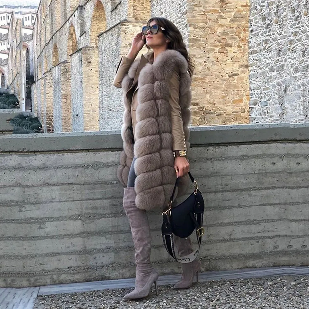 Fursarcar Kobiety 90cm Długie Prawdziwe Futro Futro Moda Luksusowy Kobiet Fox Fur Gilet Jesień Zima Natural Futro Gruby Ciepły Płaszcz Veste T200831