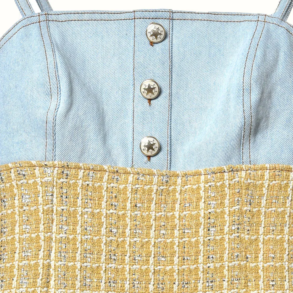 2020 lente zomer spaghetti riem vierkante nek geel plaid print denim paneled knoppen korte mini jurk vrouwen mode jurken w1815095