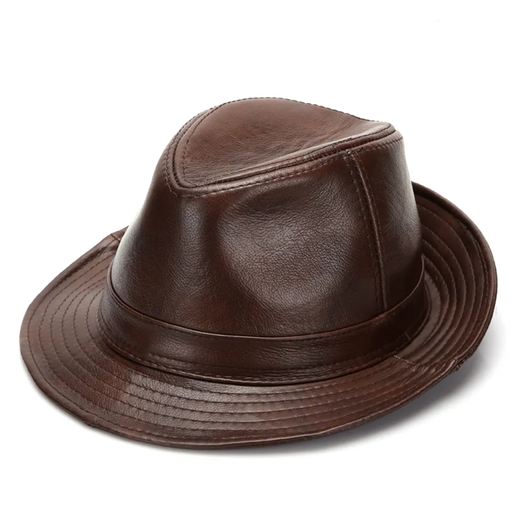 Homens de moda 100 genuínos couro fedora hat gentleman jazz cap gangster hats9151059