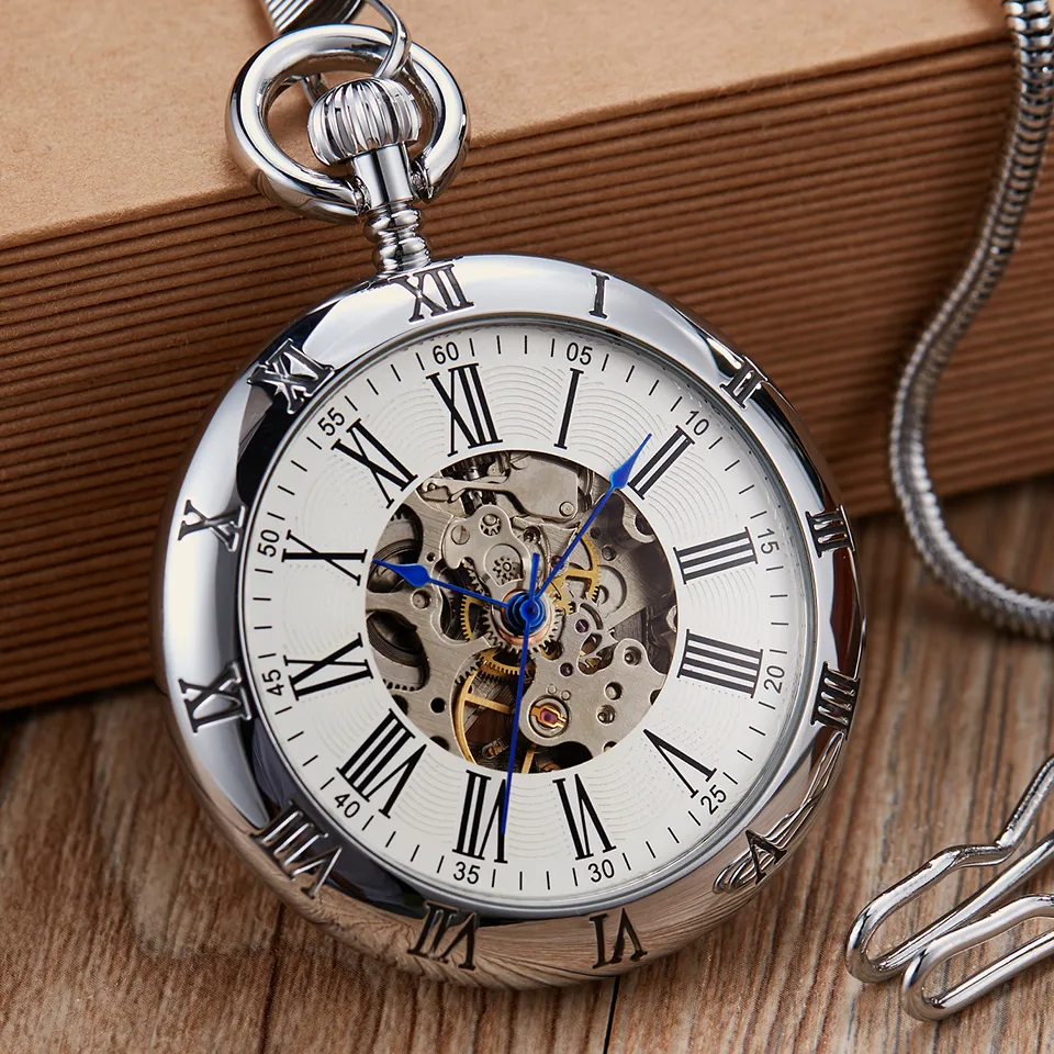 Retro Silver Gold Automatic Mechanical Pocket Watch Men Women Luxury Copper Watches Skeleton Steampunk FOB Watch Chain Pendants CX249D