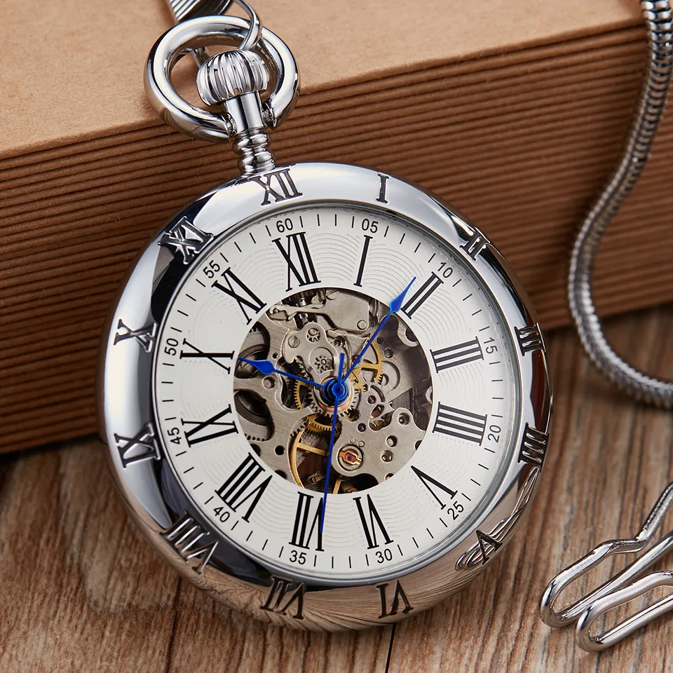 Retro Silver Gold Automatic Mechanical Pocket Watch Men Women Luxury Copper Watches Skeleton Steampunk FOB Watch Chain Pendants CX284Z