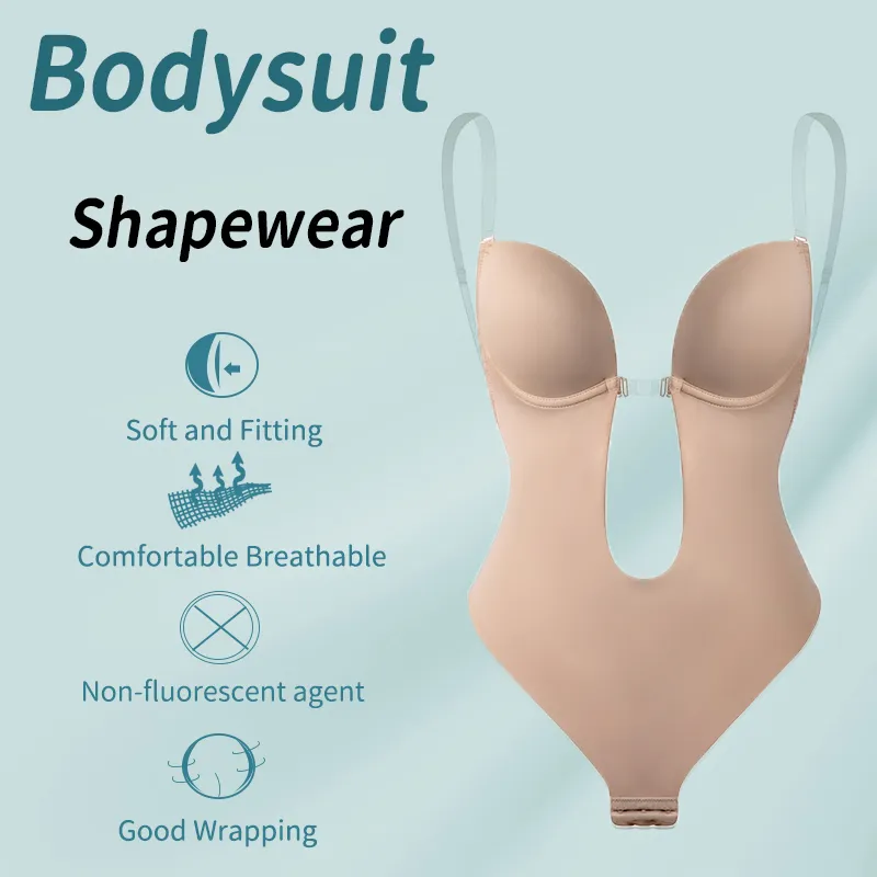 Body Shapewear Djup V-hals Body Shaper Rygglös U Plunge Thong Shapers Midjeträning Dam Klart band Vadderat Push Up Korsett T200824