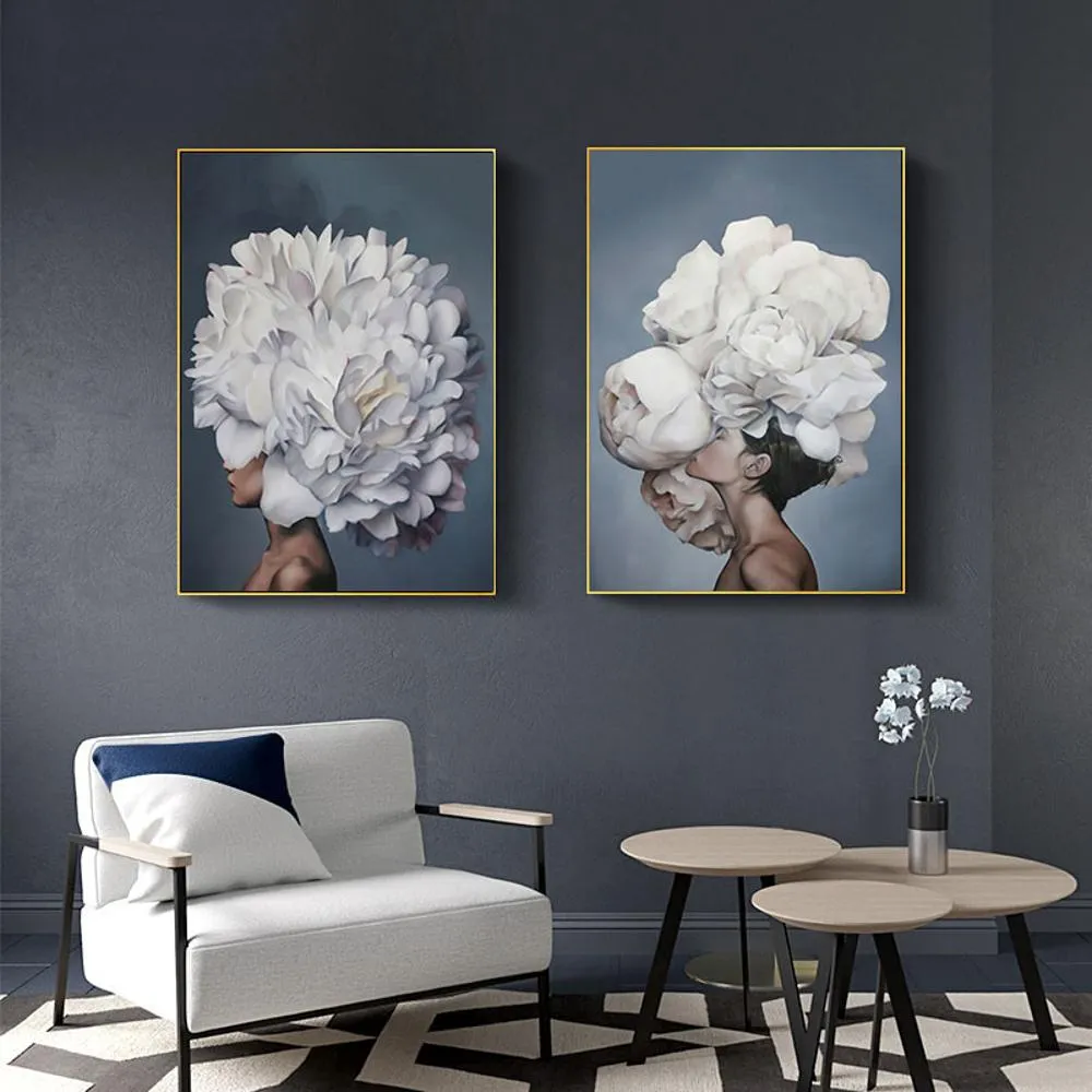 Feather Flower Woman Head Canvas Poster nordisk abstrakt väggkonsttryck målning modern dekorativ bild vardagsrum dekoration6230115