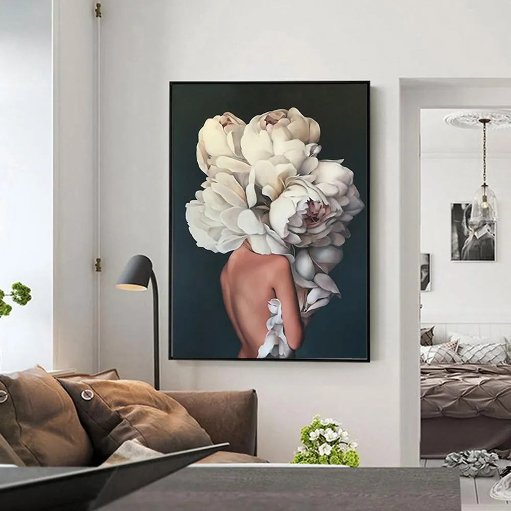 フェザーフラワーウーマンヘッドキャンバスポスターノルディック抽象的な壁アートプリントペインティングモダンな装飾絵のリビングルーム飾り6230115