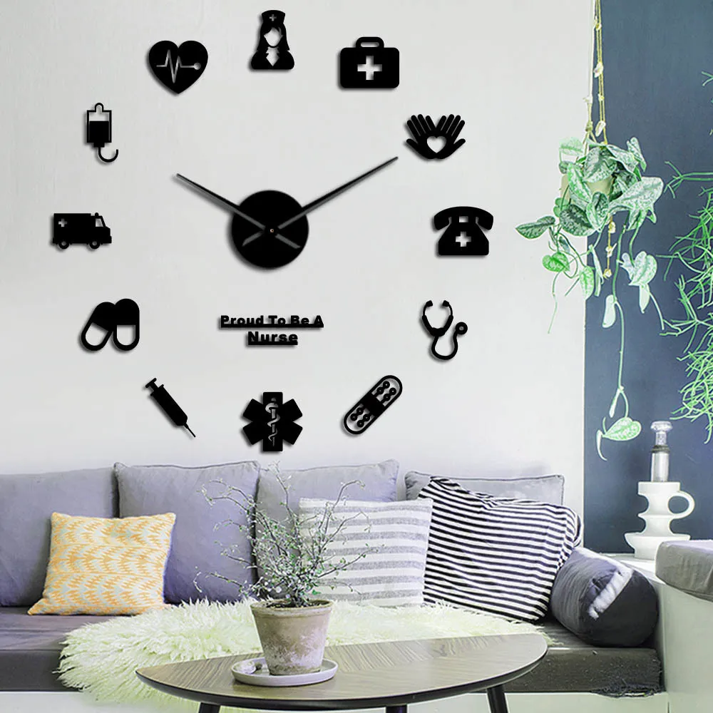 Proud To Be A Nurse 3D DIY Mute Mirror Effect Wall Clock Drugstore Hospital Wall Art Decor Clock Watch Gift For Doctor & Nurse Y200109