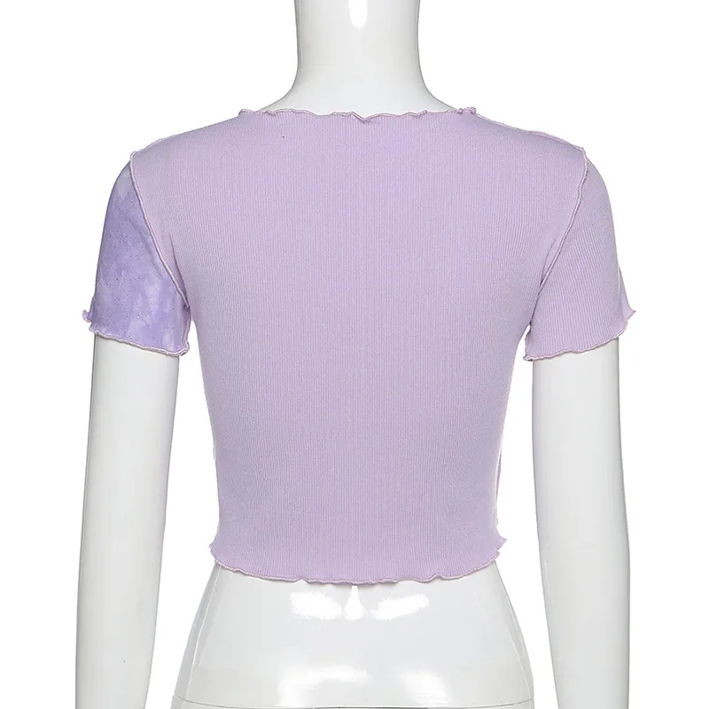 2020 Egirl Y2K Chic Tops TEE TEE TIME z cekinowym patchworkiem kobiety Summer Tshirts Ruffles Hem Purple lub Bule Ubrania 3850286
