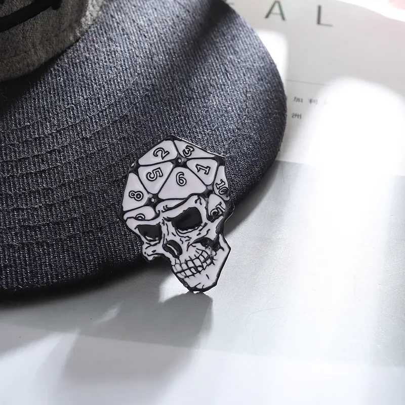 Skeleton skull word D20 face dice digital creative Dungeons and Dragons enamel pin trendy personality cool retro punk brooch pin clothes bac