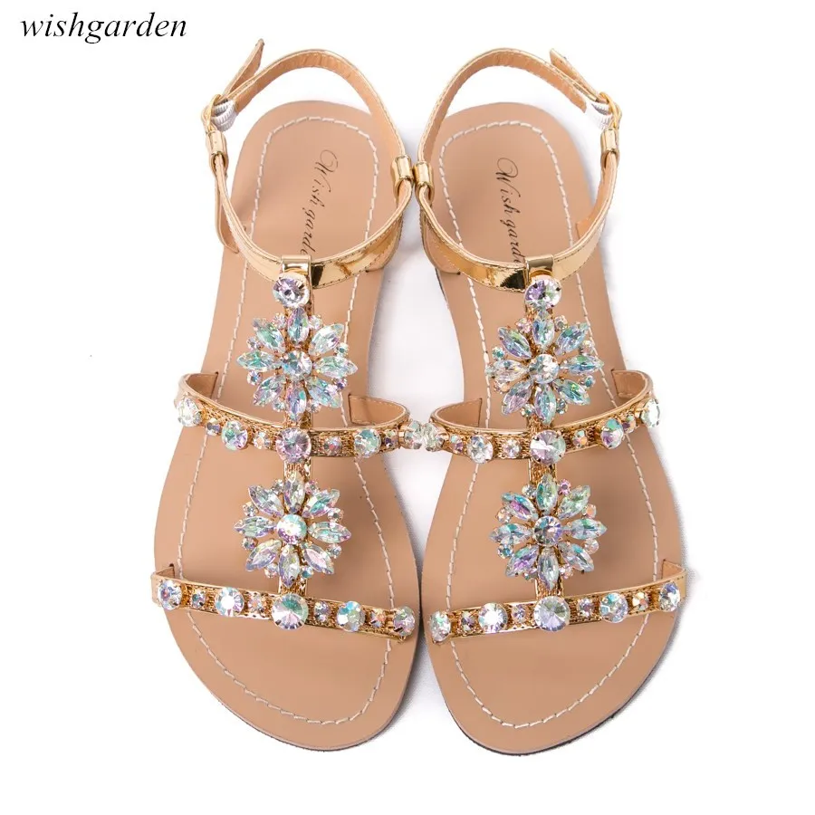 2020 NEW Women`s summer bohemia diamond Flat sandals lady casual beach Rhinestone shining boho shoes Plus Size peep toe Slippers Y200620