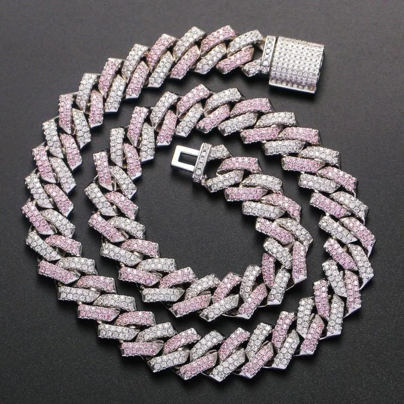 Iced Out Chains For Men Women Pink Cuban Link Necklace Luxury Micro Paved CZ Cuban Chain Hip Hop Jewelry Gifts1291E