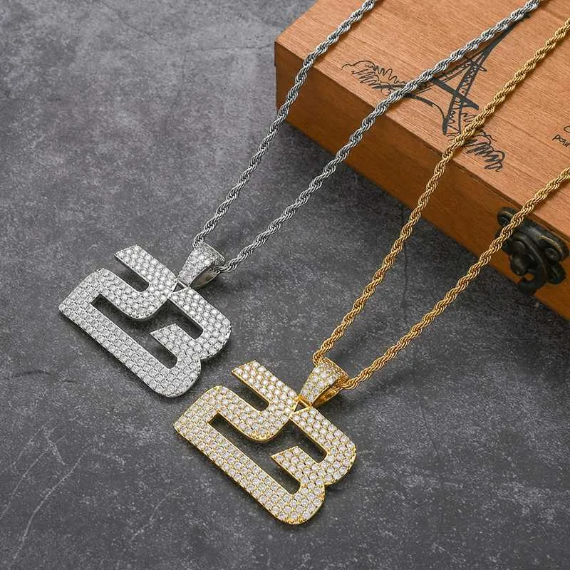Хип-хоп микро проложенный кубический цирконий Bling Iced Out номер 23 подвески ожерелье для мужчин рэпер ювелирные изделия золото, серебро Color277Z