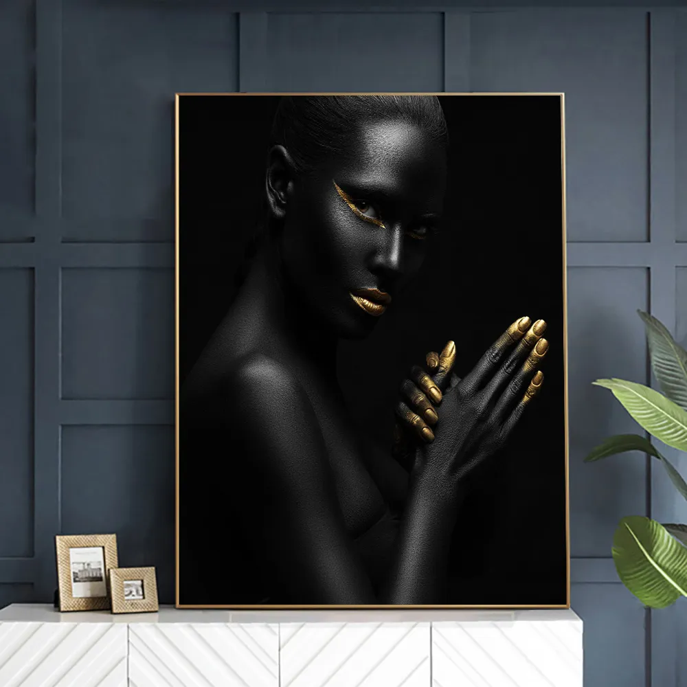 Golden Makeup Black Beauty Woman Wall Painting Poster And Prints Canvas Art Scandinavian Cuadros Nordic Decor Picture For Salon7382005