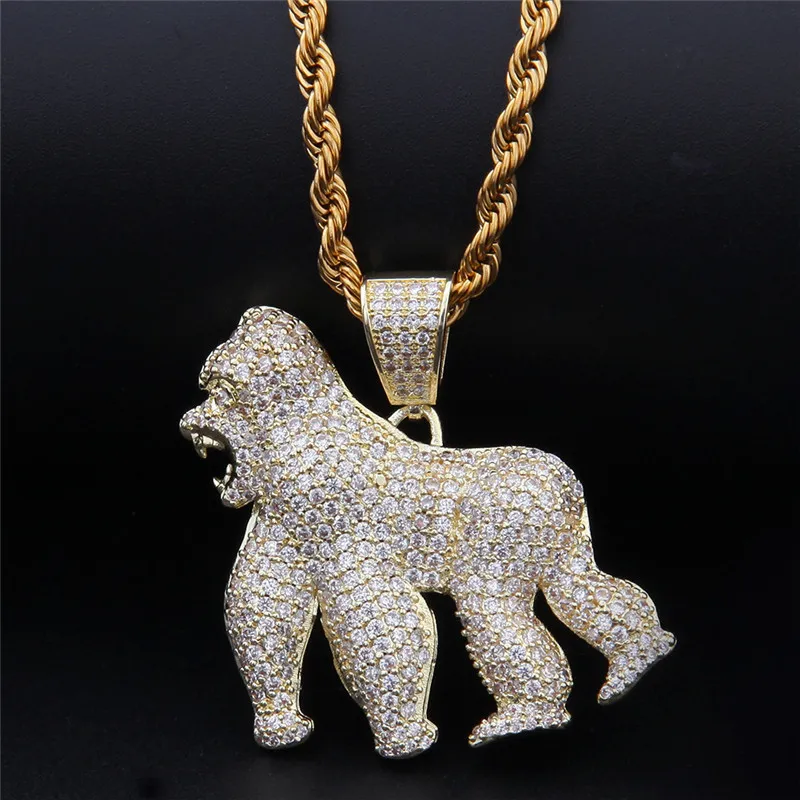 Модные подвески в виде прогулочной гориллы Iced Out Bling CZ Stone Animal Ожерелья для мужчин Рэпер Хип-Хоп Jewelry237f