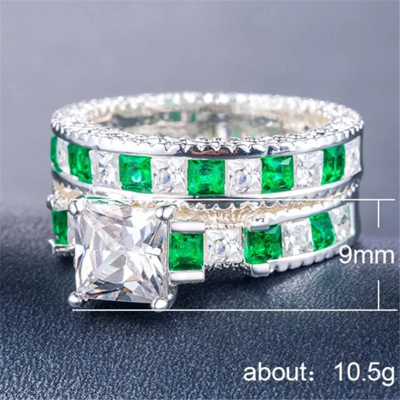 Choucong Unique Bijoux De Luxe En Argent Sterling 925 Princesse Taille Émeraude Topaze Pierres Précieuses Fête Éternité Bague De Mariée Ensemble Pour Lov237t