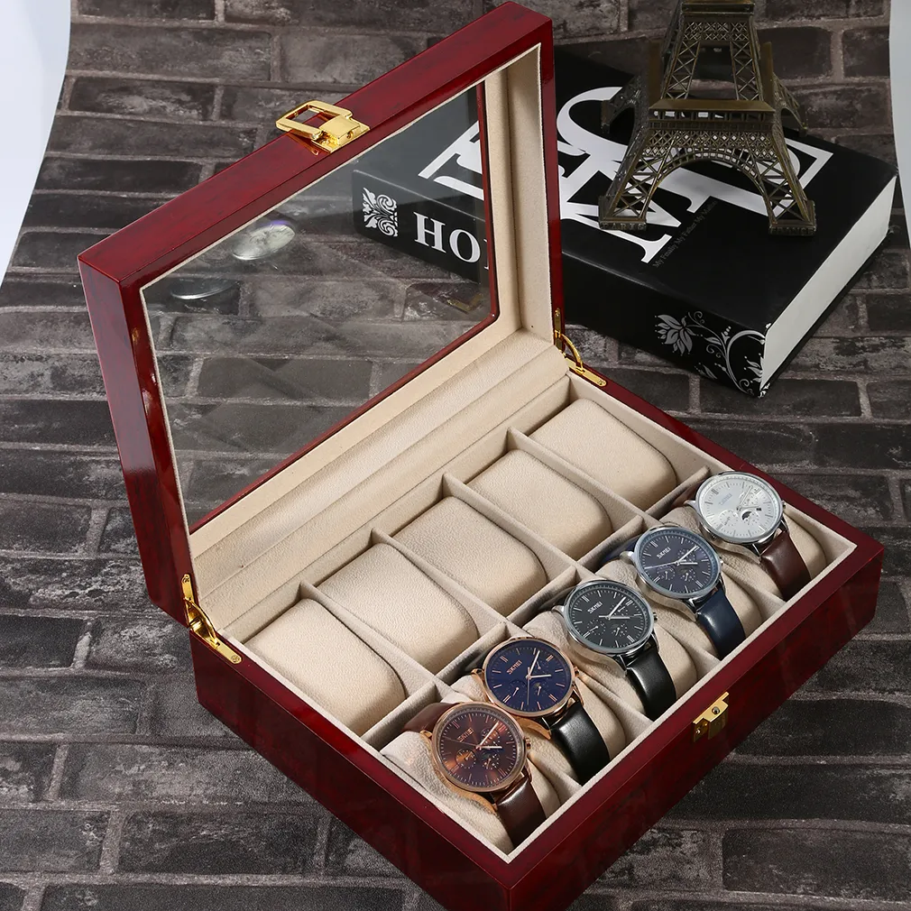 10 grades retro vermelho relógio de madeira caso exibição durável embalagem titular coleção jóias armazenamento relógio organizador caixa caixão cx2008219e