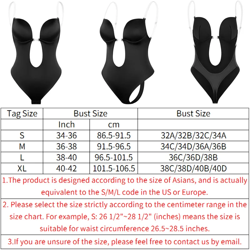 Body Shapewear Djup V-hals Body Shaper Rygglös U Plunge Thong Shapers Midjeträning Dam Klart band Vadderat Push Up Korsett T200824