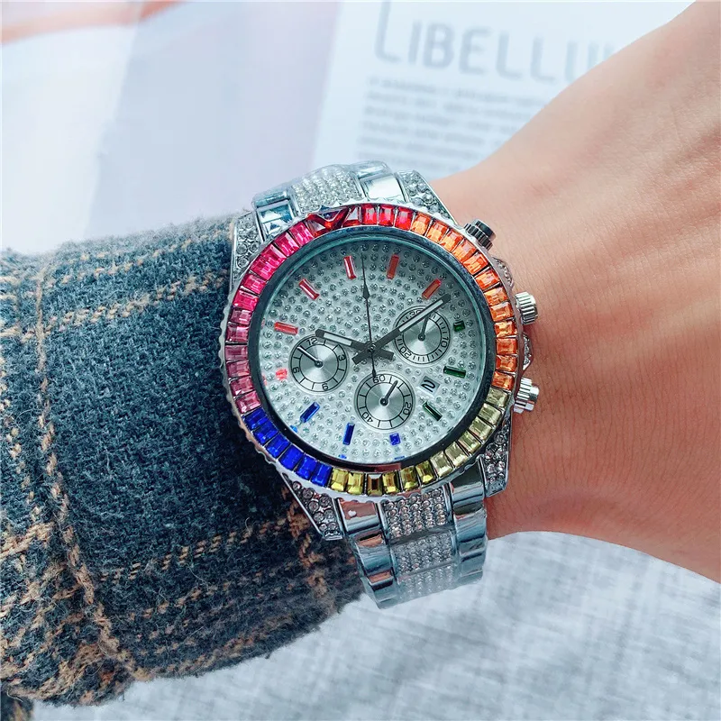 Montres de marque de mode hommes femmes Style cristal coloré bracelet en acier inoxydable calendrier Date montre-bracelet à Quartz X97228I