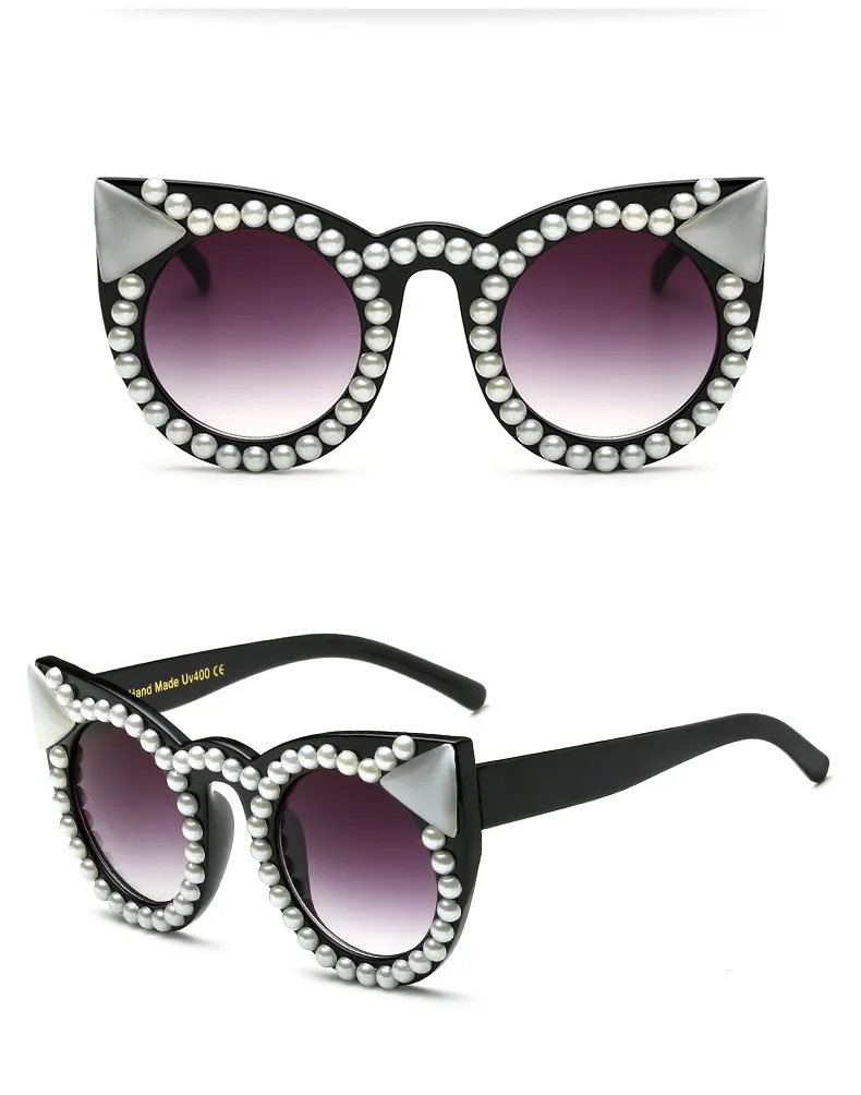 Encantador lindo popular moda diseñador de lujo brillante diamante cristal perla tachuelas elegante ojo de gato sexy mujeres gafas de sol 245O