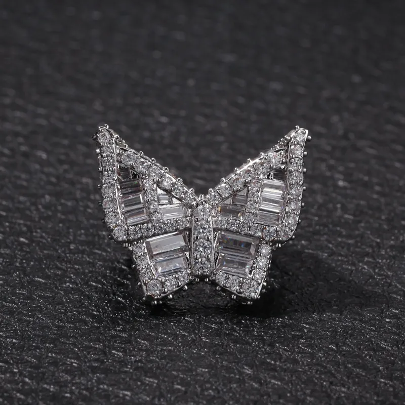 Bague papillon glacée mode Hip Hop or argent hommes CZ diamant anneaux bijoux