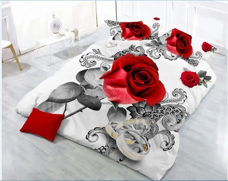 3D赤いバラ寝具セットリネンフラワーダブルベッドシーツキング羽毛布団キルトカバーベッドクロテピローケース4個/セットホームテキスタイル美しさLJ200818