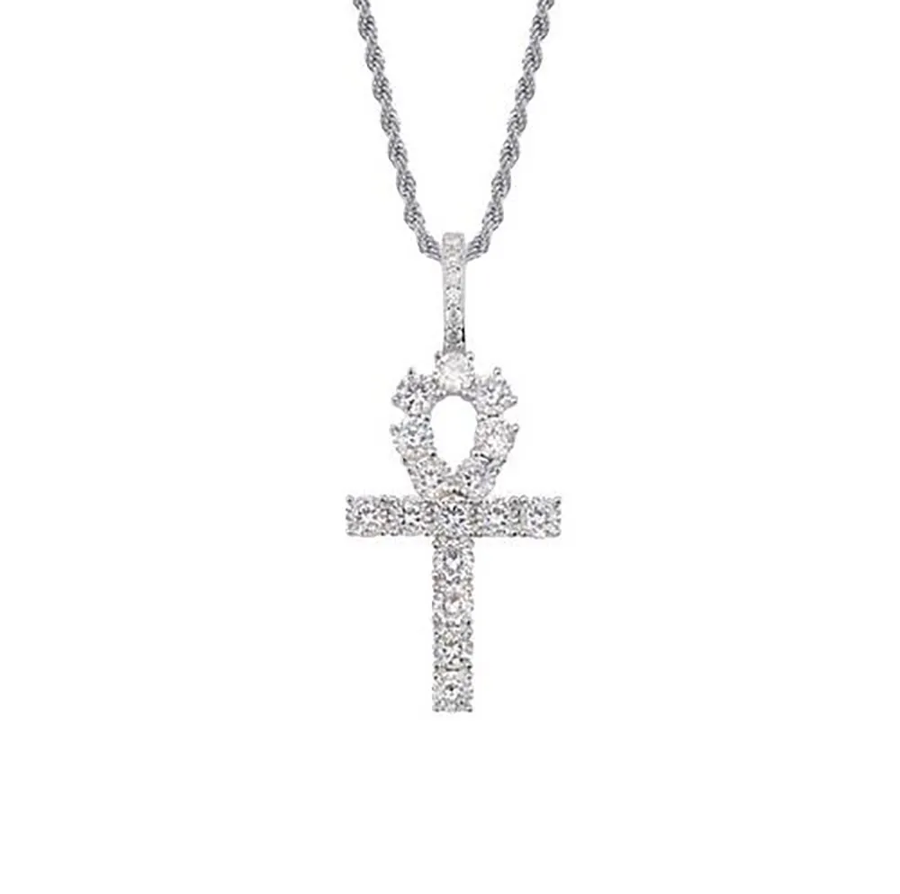 925 Sterling Silver Bling Out Ankh Cross Pendant 24 Rope Chain 7 6G Cubic Zirconia Hiphop Jewelry for Men Women288d