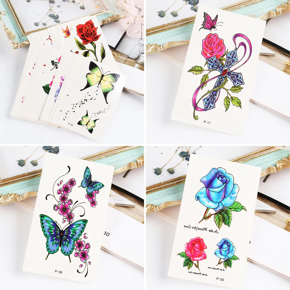 lot Rose Flower Water Transfer Tattoo Stickers Butterfly Women Body Arm Fake Sleeve Art Temporary Decorations1325072