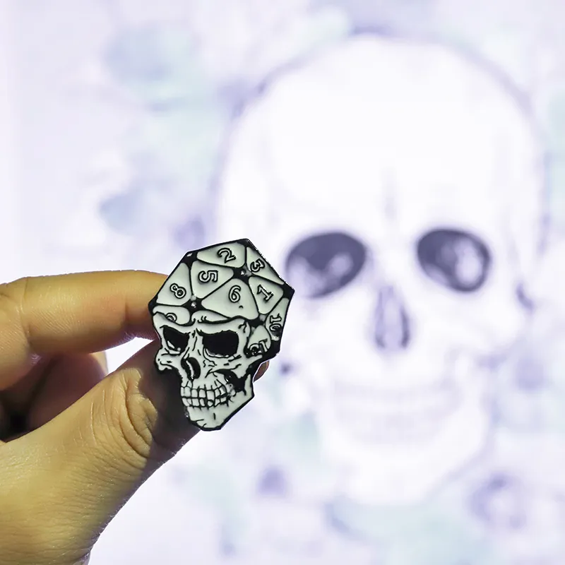 Skeleton skull word D20 face dice digital creative Dungeons and Dragons enamel pin trendy personality cool retro punk brooch pin clothes bac