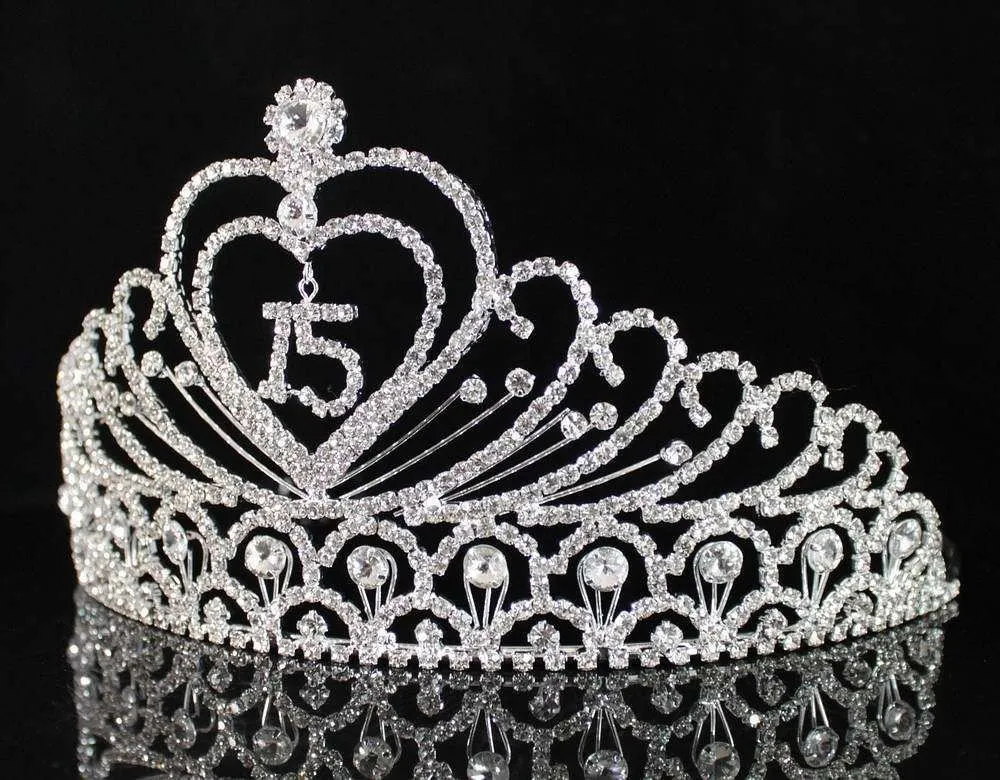Janefashions Quinceanera Sweet 15 Fifteen 15th Birthday Party coronas de quincea￱eras Clear White Austrian Rhinestone Tiara Crown with Hair Combs Princess Silver (4)