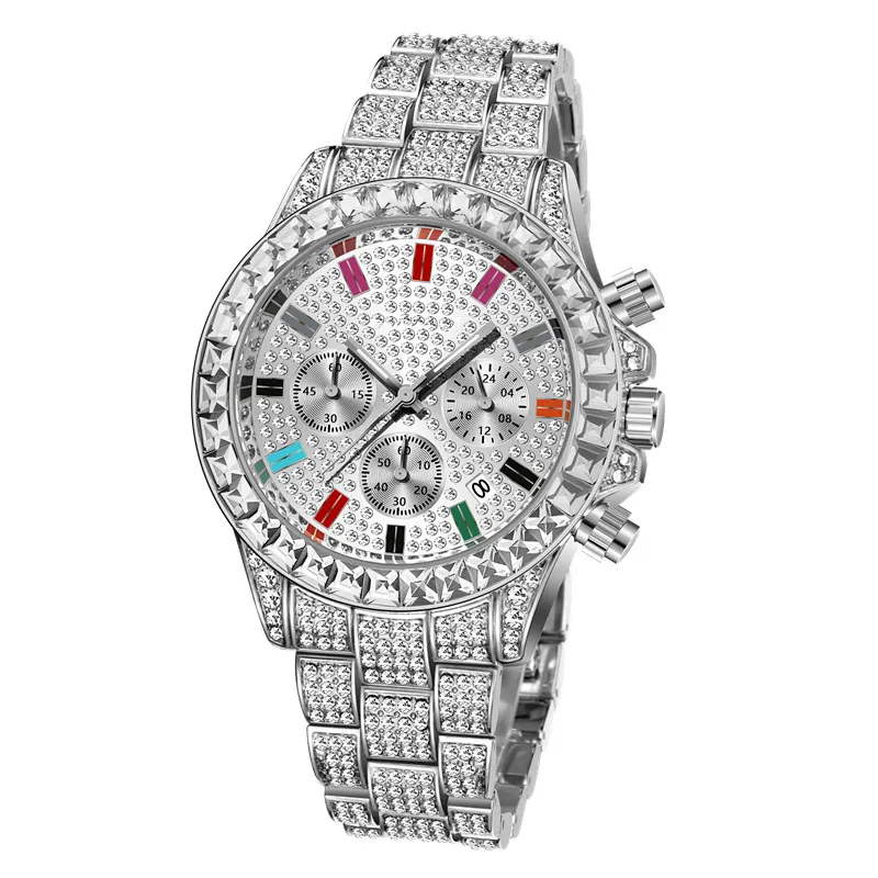 Neue Mode-Luxus-Designer-Uhren mit bunten Diamanten, Kalender, Datum, Quarzbatterie, für Männer und Frauen, multifunktional, 260p