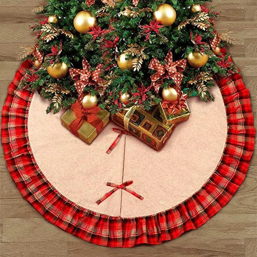 DHL Albero di Natale Gonne Bowknot Patchwork Decoraciones de Navidad Home Pad Red Lattices Lino ornamento ornamento festival decorazioni natalizie