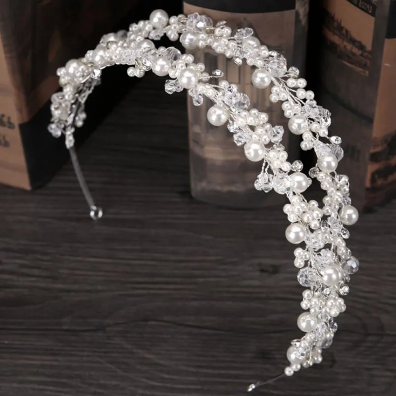 Brud pannband tiara brud krona handgjorda pärlor dubbla lager bröllop headpieces1316771