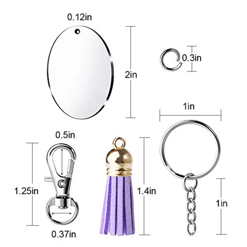 Porte-clés vierge en acrylique avec cercle transparent, crochets, pendentif pompon en cuir, pour bricolage et artisanat, 100 pièces, 221U