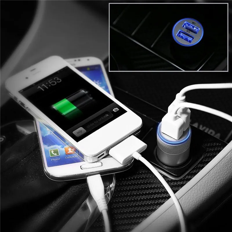 Universal 10A 21A Podwójna ładowarka samochodowa USB Inteligentna ładowanie metalowej skorupa ze stopu z LED światła dla iPhone'a telefonu komórkowego Car4445966